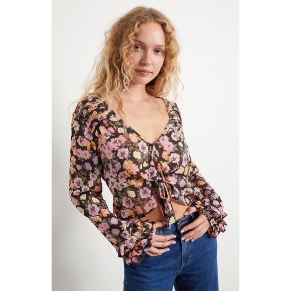 NWT New Free People Floral Cropped Ruffle Maybel Tie-Front Blouse Top Size XS - Picture 2 of 8